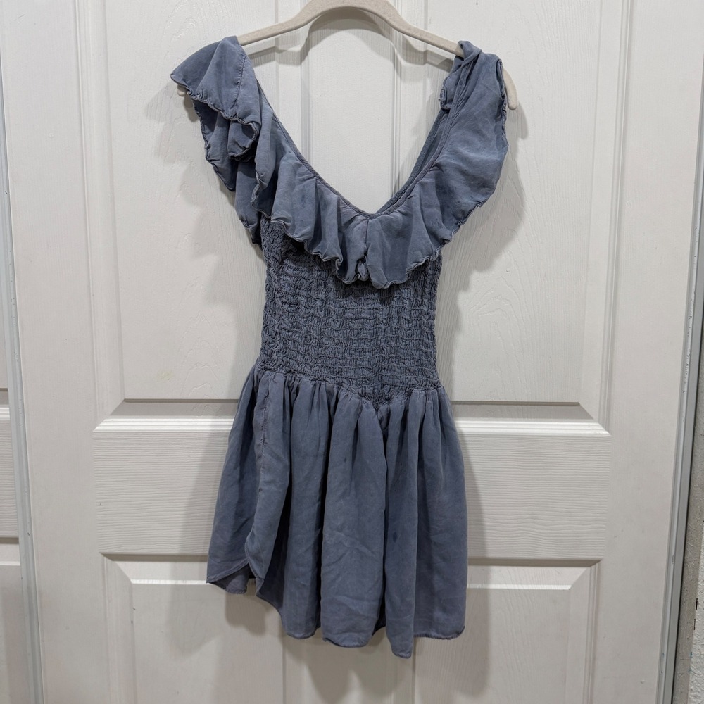 Blue‎ Life Ruffle Smocked Mini Dress Dusty Blue XS Made in USA Boho Beachy
